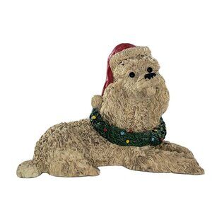 Vintage Resin Poodle Christmas Santa Hat Wreath Figurine